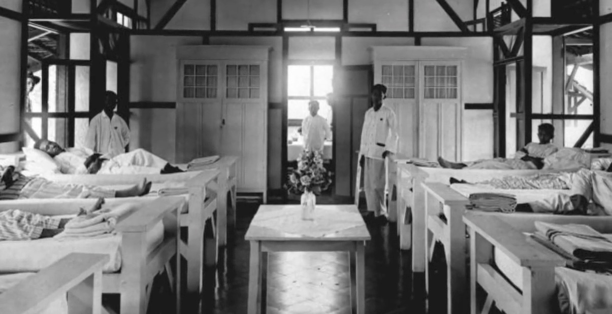 Black and white photo of a ward at hospital