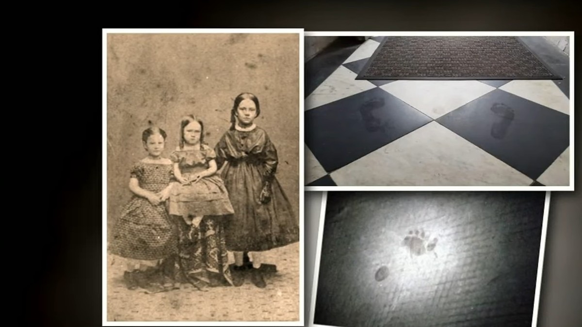 Pictures of wet footprints and Eliza and Mary Pittee