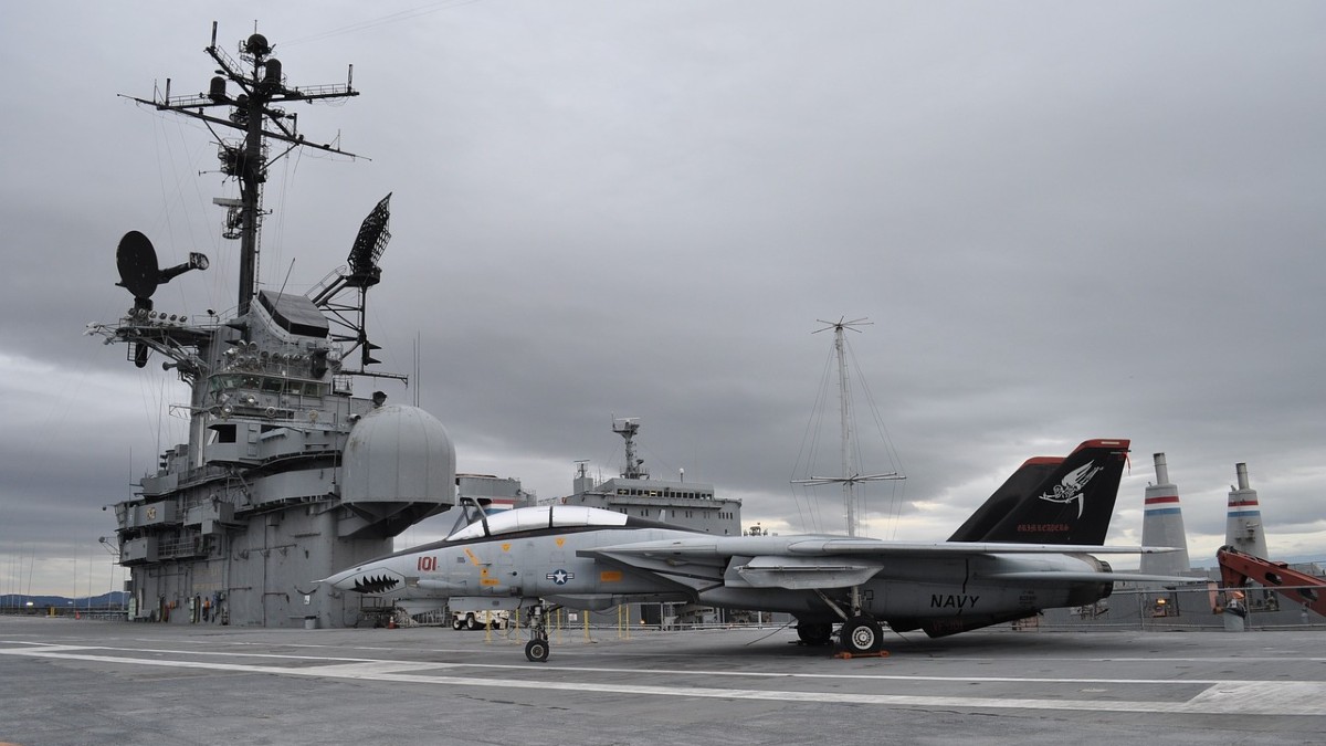 A fighter jet on the deck of the USS Hornet